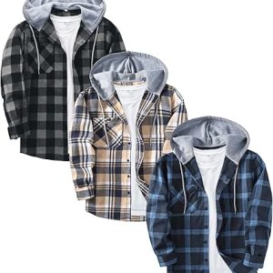 ZITY 3 Pack Men's Flannel Hoodie Shirts Long Sleeve Casual Vintage Button Down Plaid Shirt Jacket with Pocket