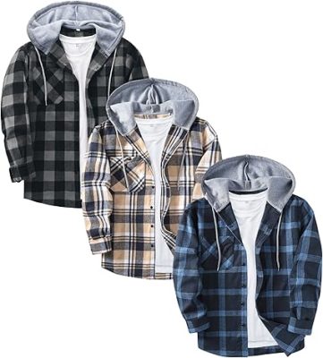 ZITY 3 Pack Men's Flannel Hoodie Shirts Long Sleeve Casual Vintage Button Down Plaid Shirt Jacket with Pocket